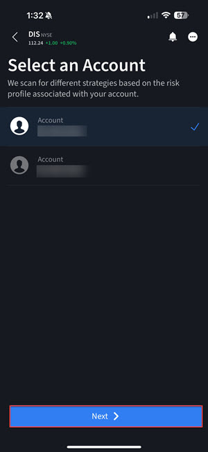 The option wizard select account menu on the iPhone. 